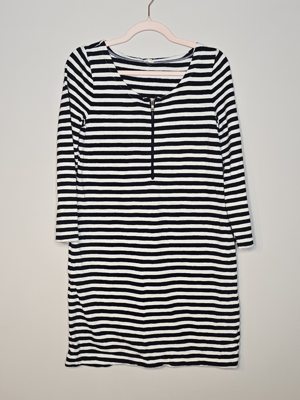 J. Crew 100% Cotton Knit Shift Dress Navy White Striped Size Small Boat Neck Zip